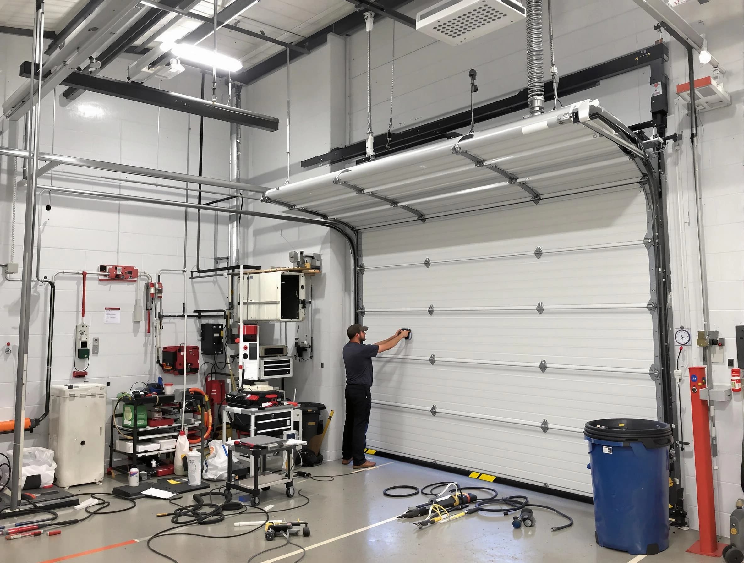 Metuchen Garage Door Repair certified technician performing commercial door repair at a Metuchen business facility