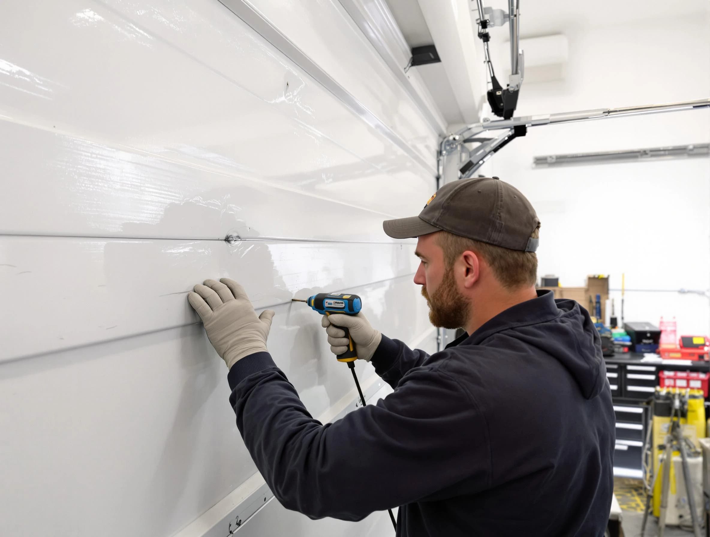 Metuchen Garage Door Repair technician demonstrating precision dent removal techniques on a Metuchen garage door